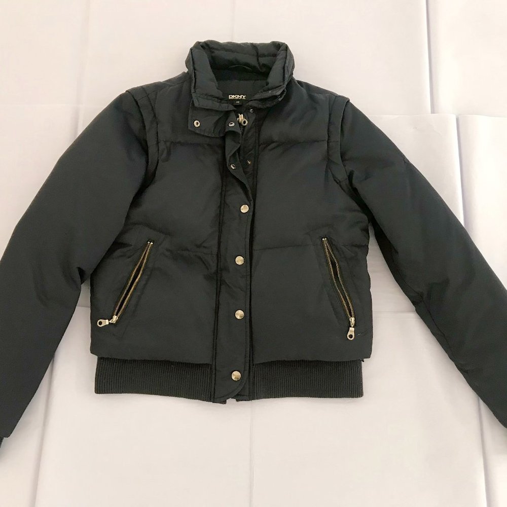 DKNY Donna Karan Navy Blue Down Bomber Jacket Convertible to Vest size M